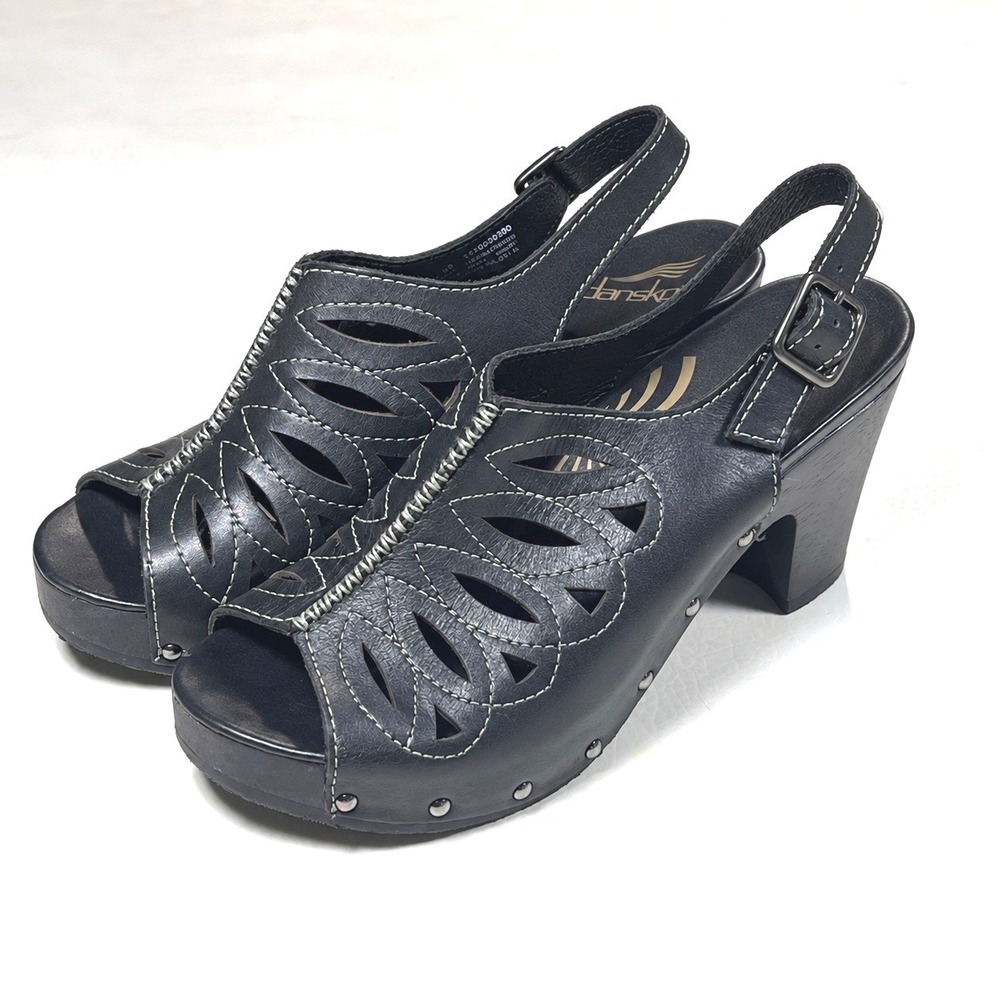 Dansko Sissy Sandals Women 38 Black Leather Cutout Clog Block Heel Platform Boho